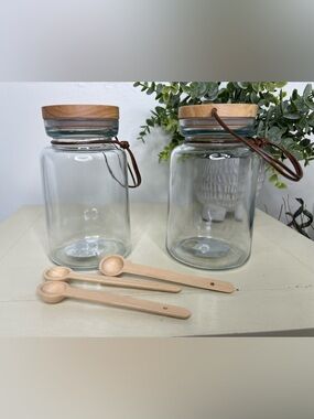 Brand New-Set of 2 Glass Jars with Wood Lid & Spoon